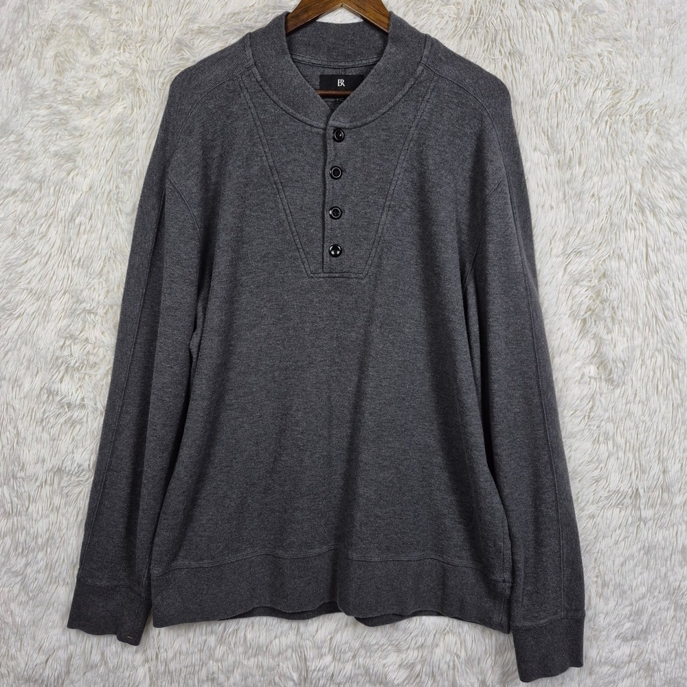 Banana Republic Mens Gray Double Knit Utility Henley Popover Sweater L Tall